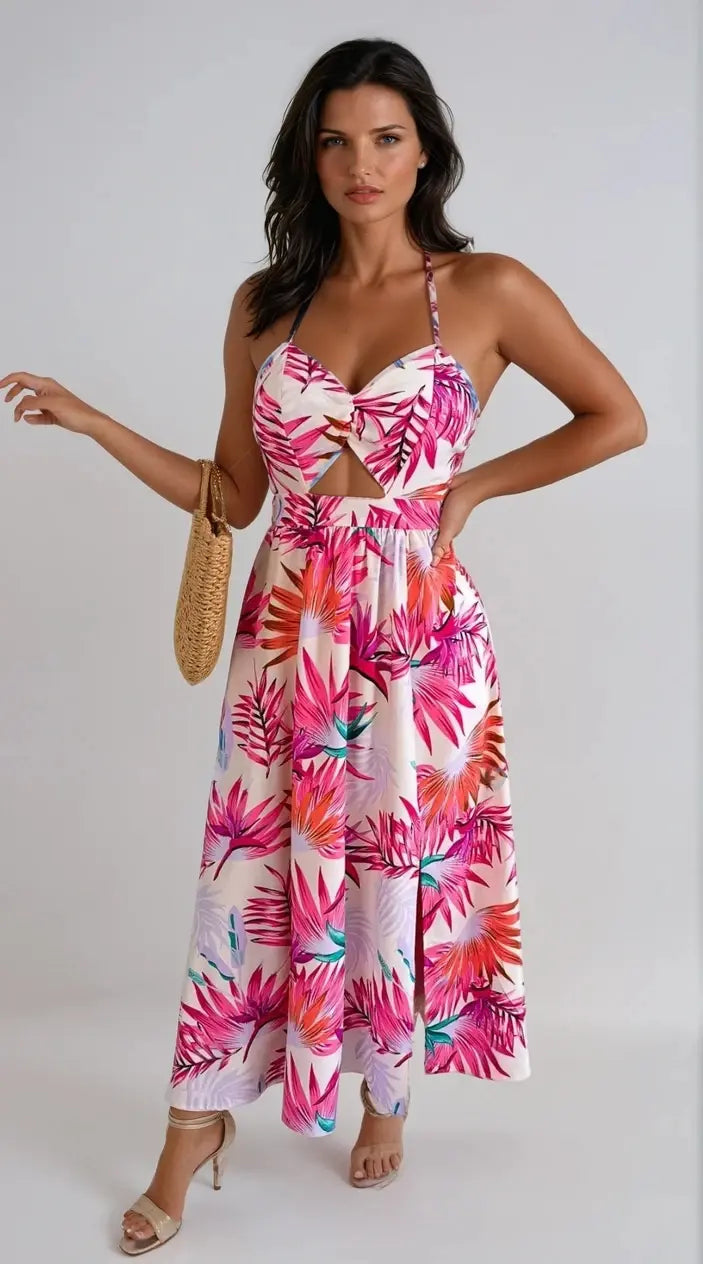 Botanical Bliss Backless Cutout Slit Dress for Summer Style