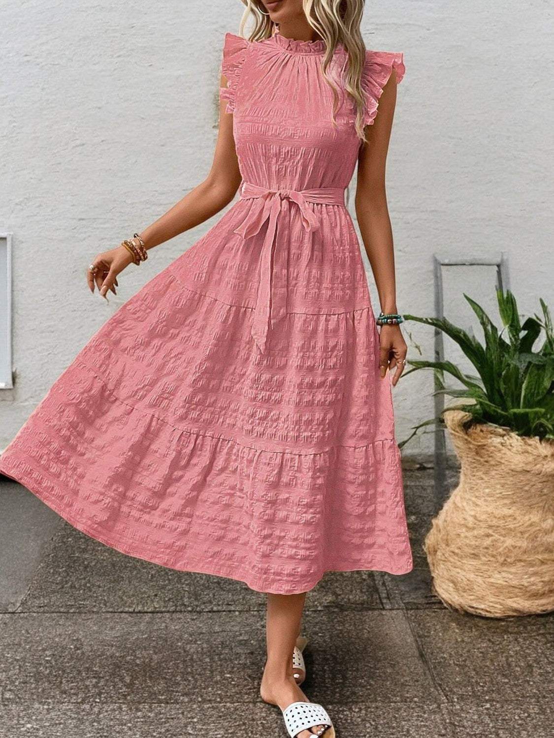 Elegant Sunny Charm Summer Tie Sleeve Midi Dress