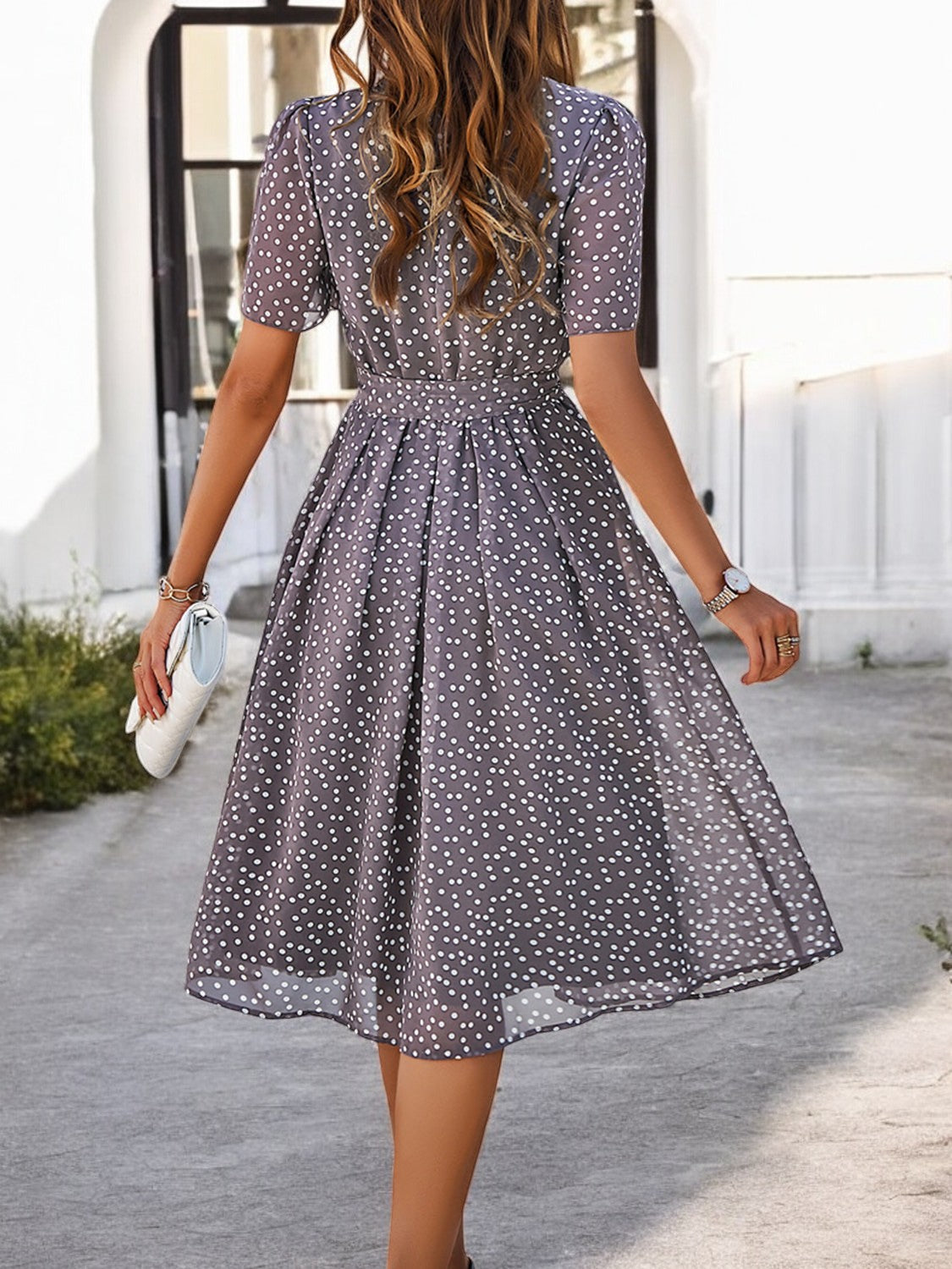 Elegant Summer Dress with Print, Round Neck and Short Sleeves for Women
