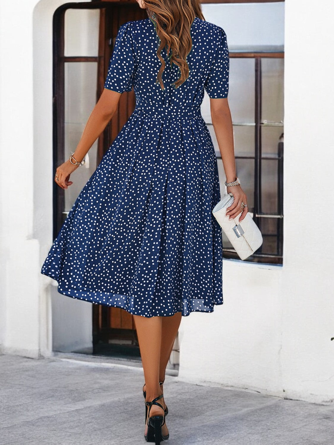Elegant Summer Dress with Print, Round Neck and Short Sleeves for Women