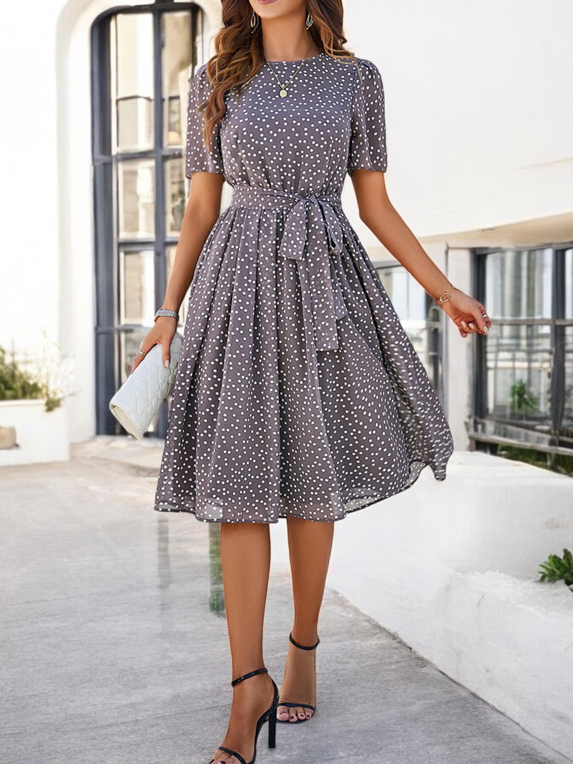 Elegant Summer Dress with Print, Round Neck and Short Sleeves for Women