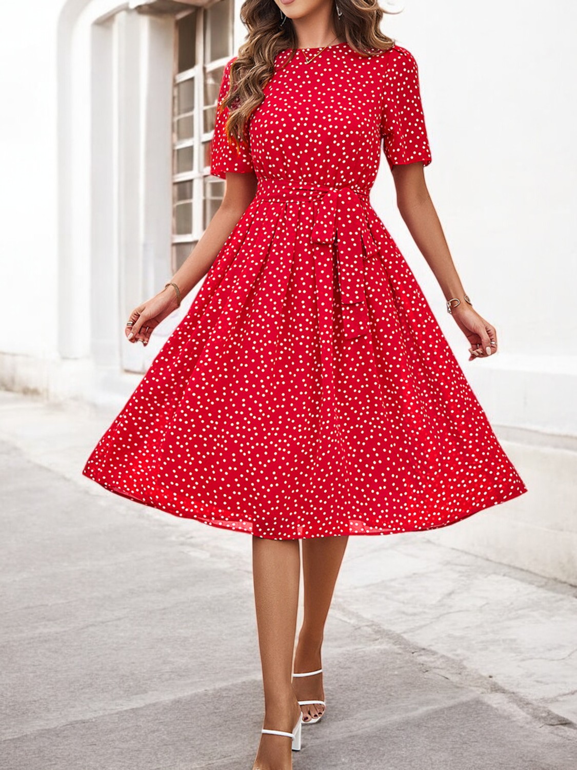 Elegant Summer Dress with Print, Round Neck and Short Sleeves for Women