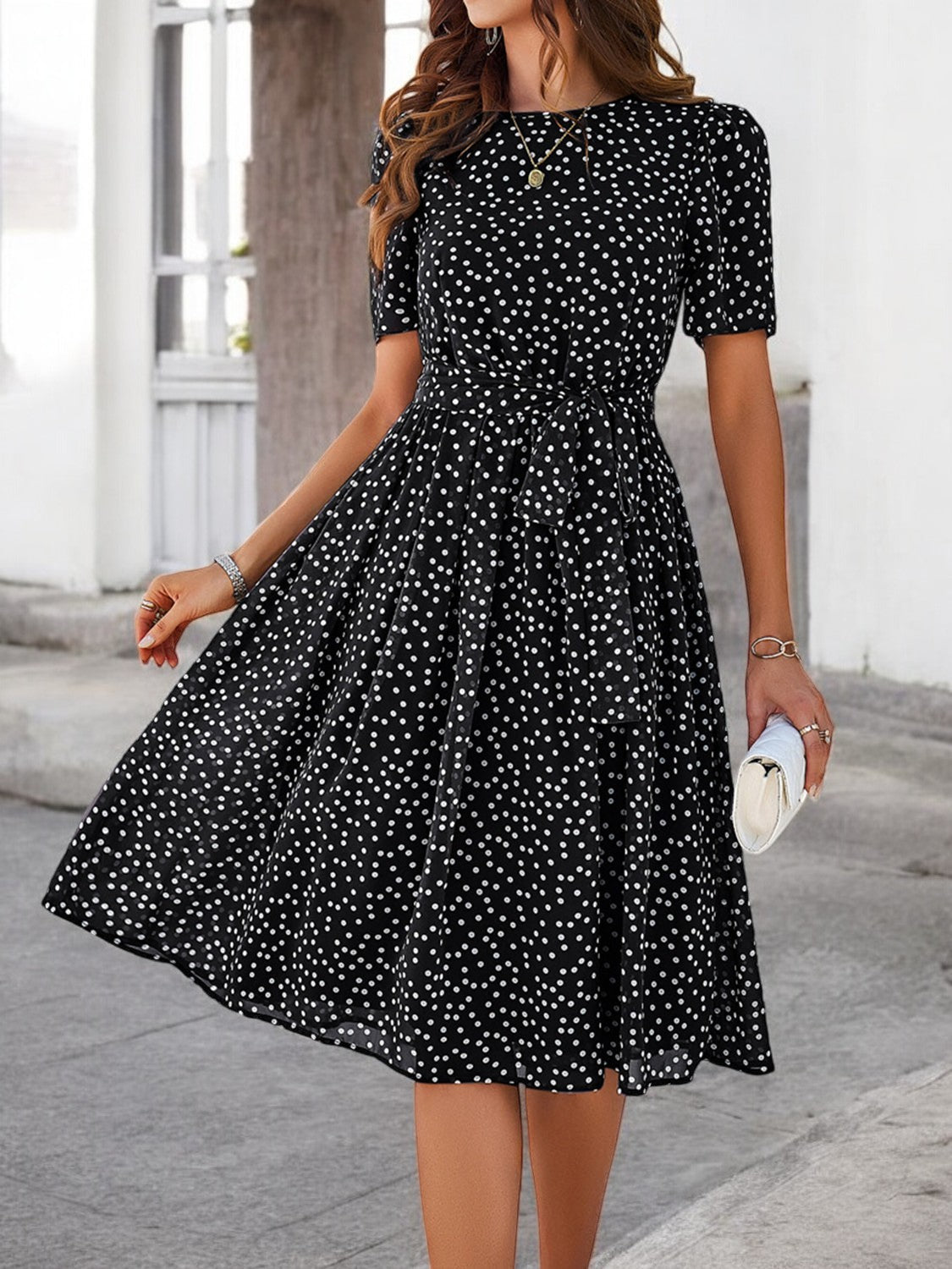 Elegant Summer Dress with Print, Round Neck and Short Sleeves for Women