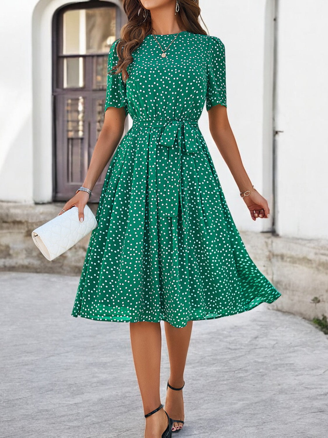 Elegant Summer Dress with Print, Round Neck and Short Sleeves for Women