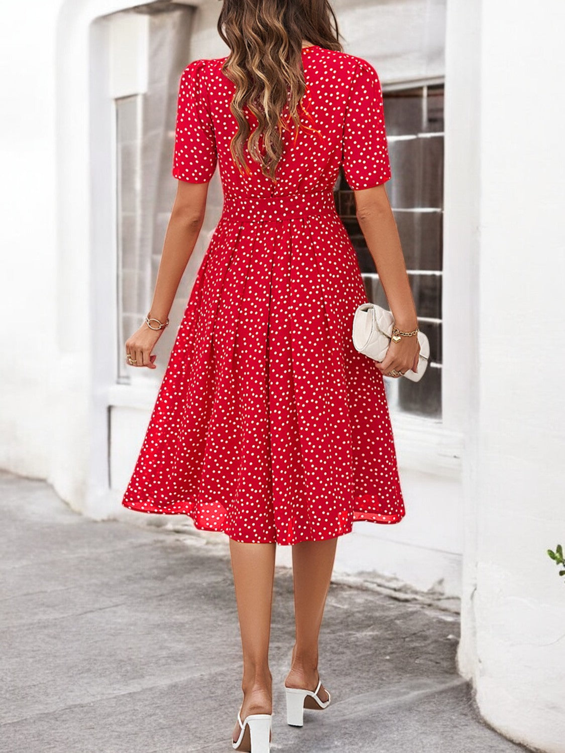 Elegant Summer Dress with Print, Round Neck and Short Sleeves for Women