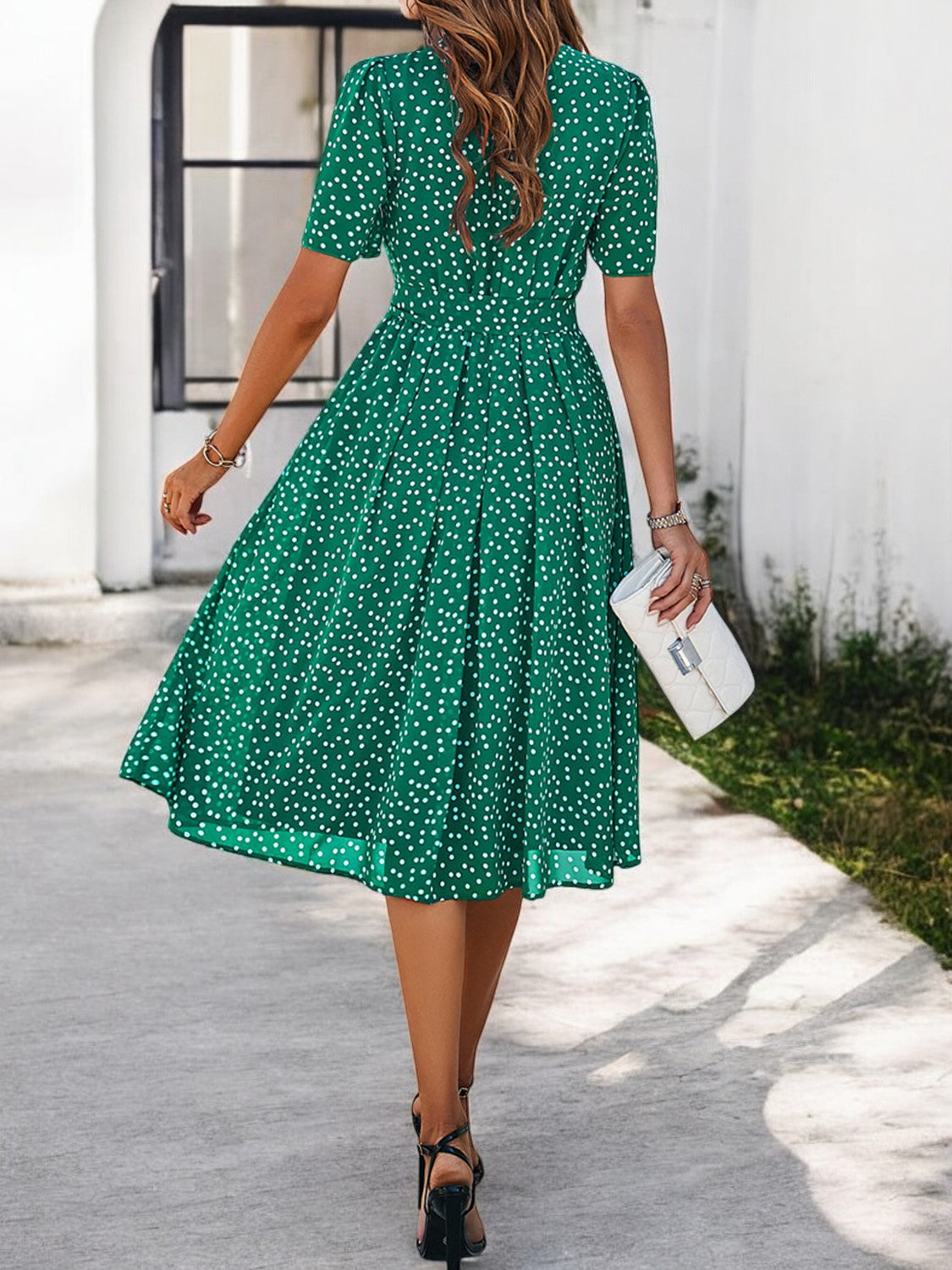 Elegant Summer Dress with Print, Round Neck and Short Sleeves for Women
