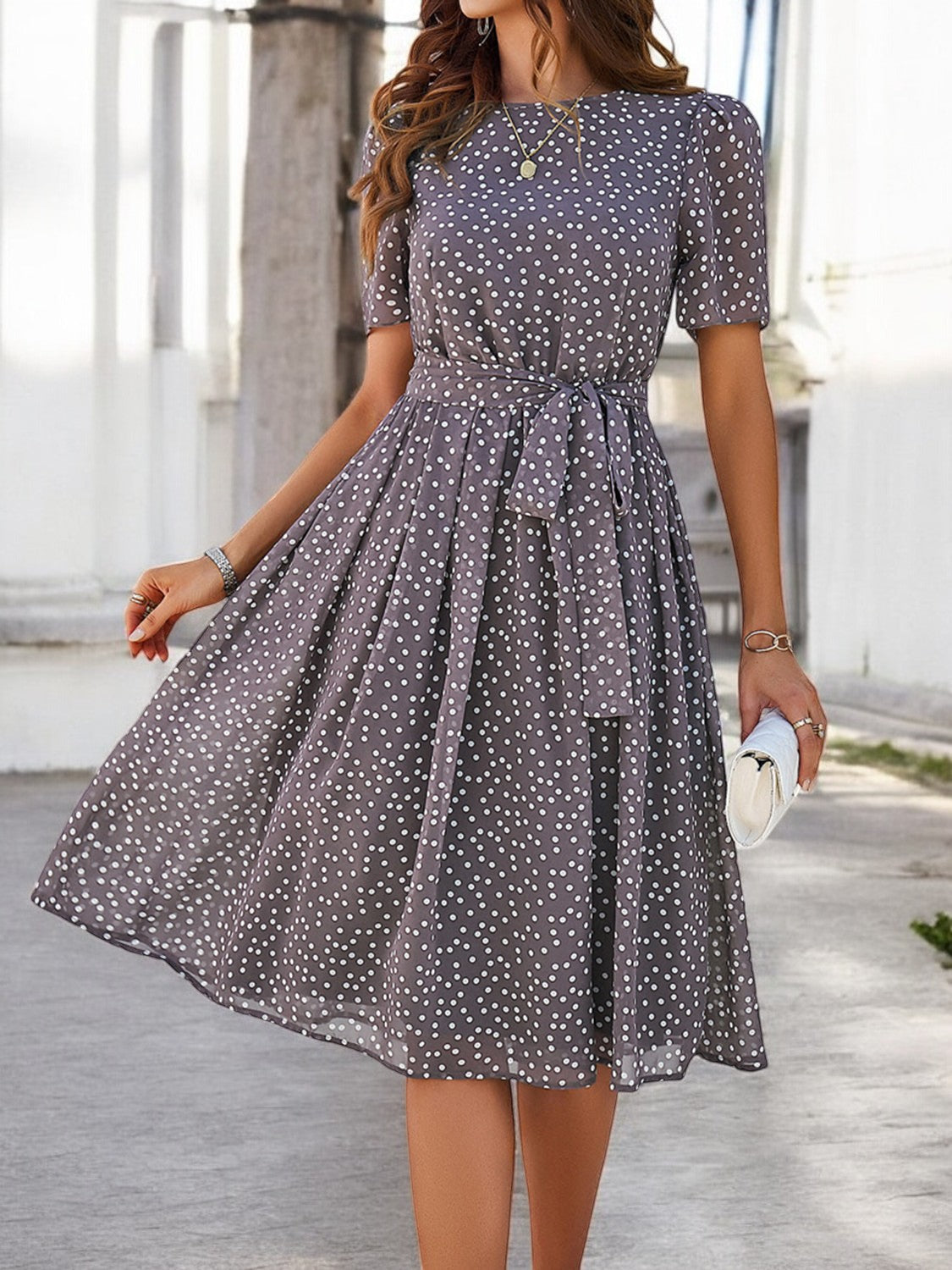 Elegant Summer Dress with Print, Round Neck and Short Sleeves for Women