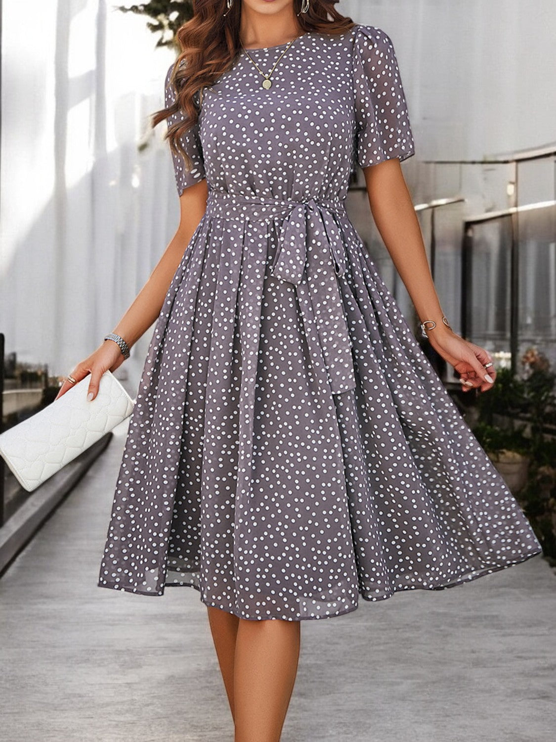 Elegant Summer Dress with Print, Round Neck and Short Sleeves for Women
