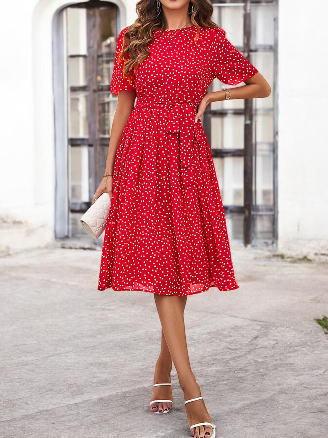 Elegant Summer Dress with Print, Round Neck and Short Sleeves for Women