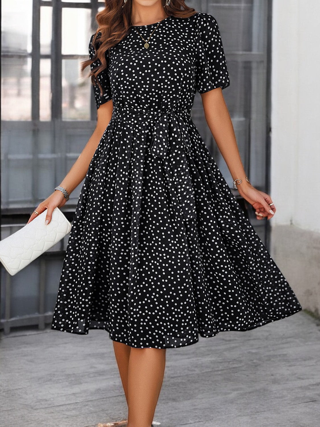 Elegant Summer Dress with Print, Round Neck and Short Sleeves for Women