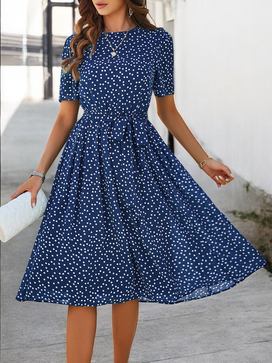 Elegant Summer Dress with Print, Round Neck and Short Sleeves for Women
