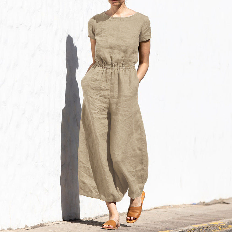 ARIELLE - Plain Short Sleeve Linen Jumpsuit