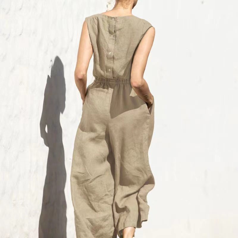 ARIELLE - Plain Short Sleeve Linen Jumpsuit