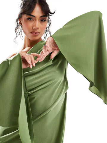 Green Satin One-Shoulder Maxi Dress