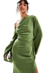 Green Satin One-Shoulder Maxi Dress