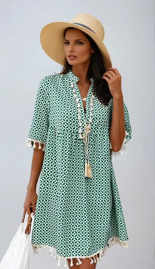 Boho Bliss Tassel Print Mini Dress for Effortless Style - Londonchic