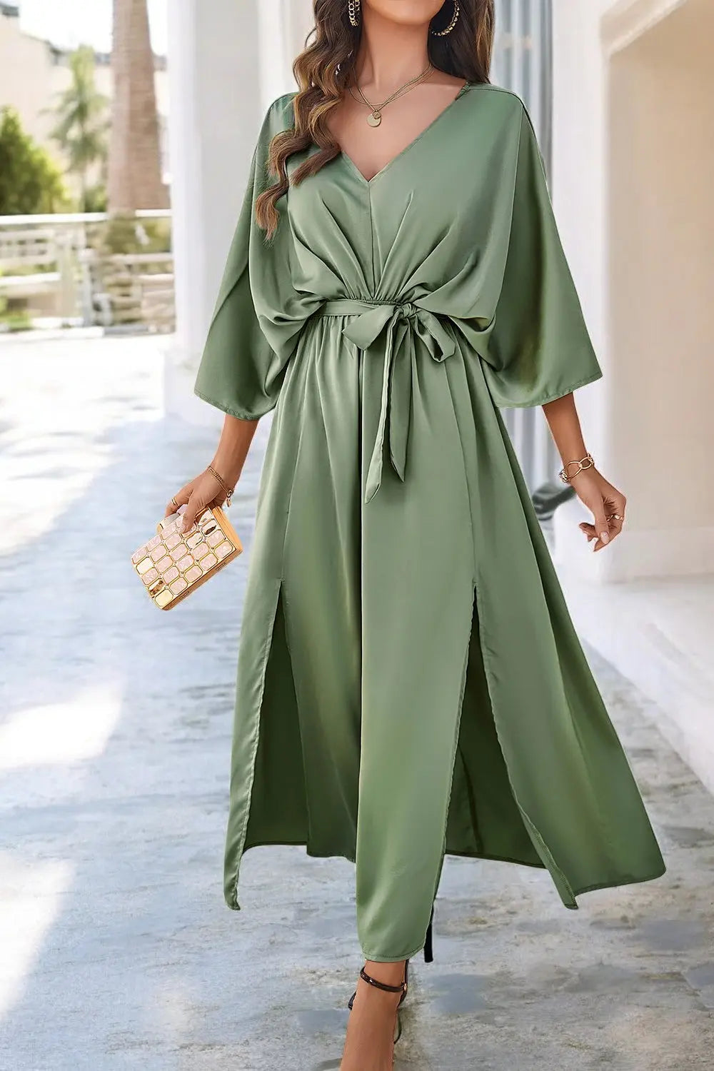 Coastal Charm Slit V-Neck Tied Sleeve Dress for Summer Style - Londonchic