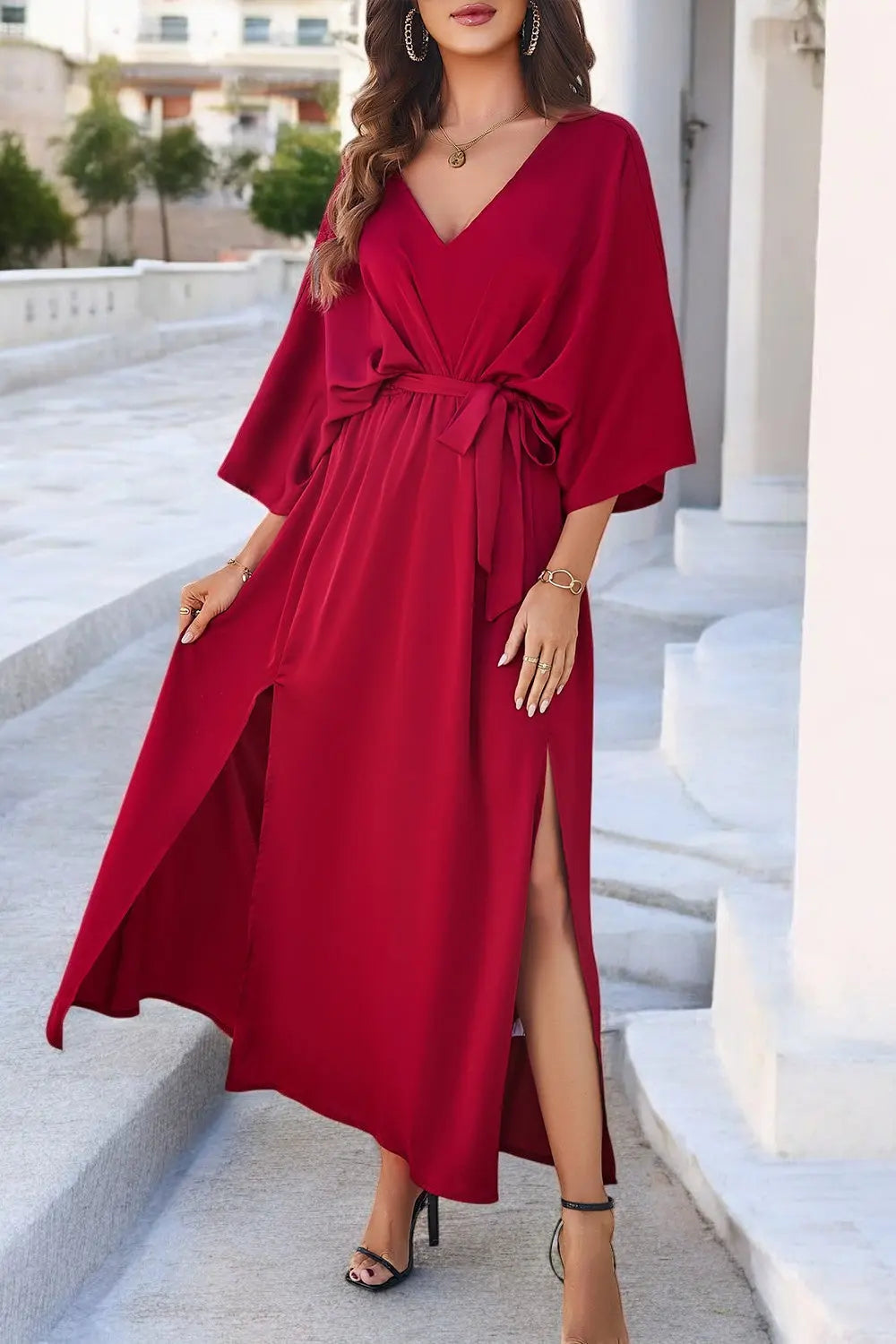 Coastal Charm Slit V-Neck Tied Sleeve Dress for Summer Style - Londonchic