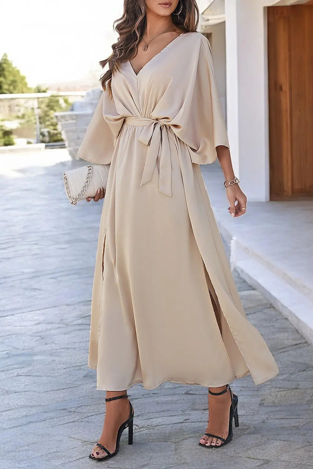 Coastal Charm Slit V-Neck Tied Sleeve Dress for Summer Style - Londonchic