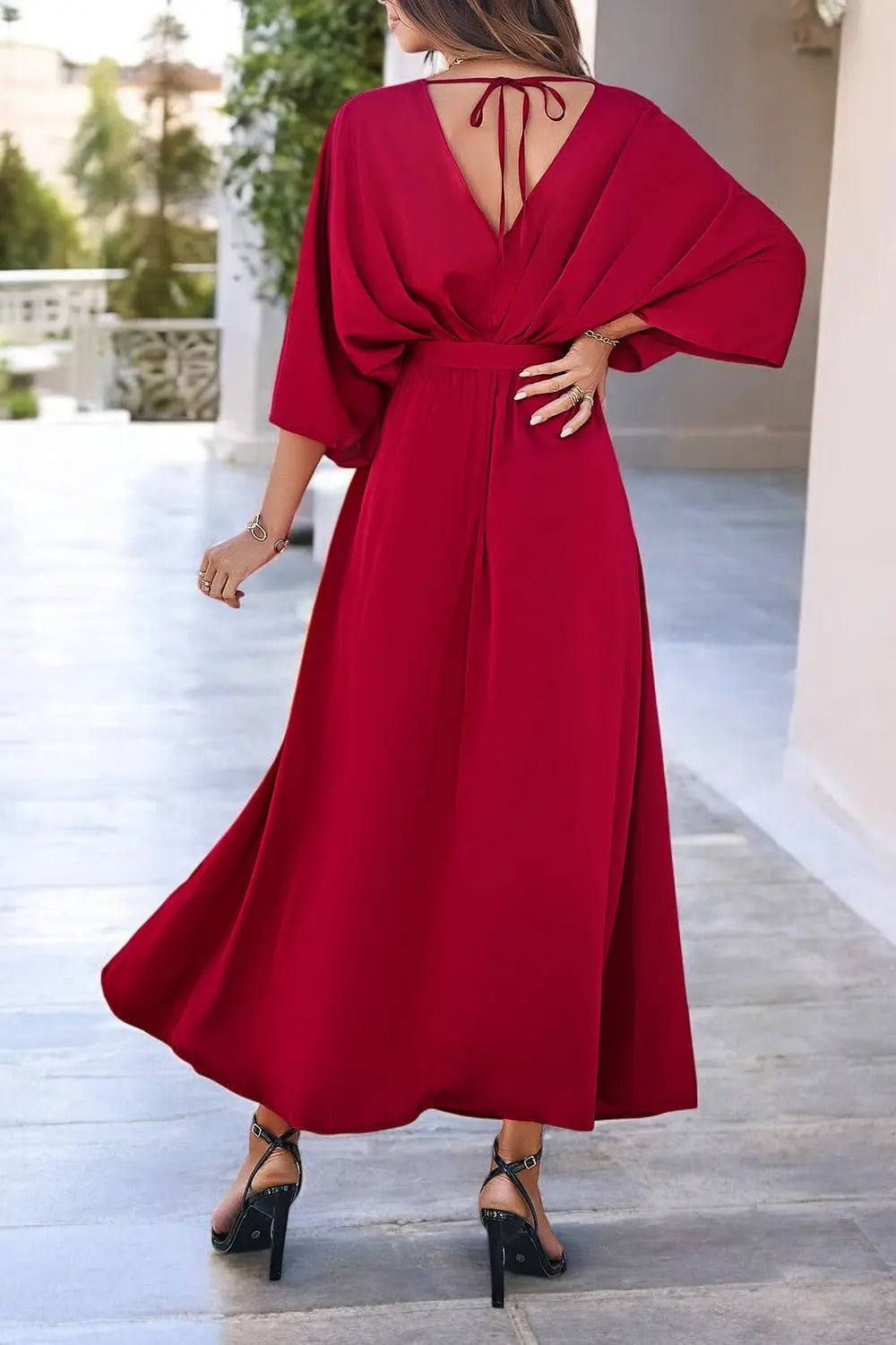 Coastal Charm Slit V-Neck Tied Sleeve Dress for Summer Style - Londonchic