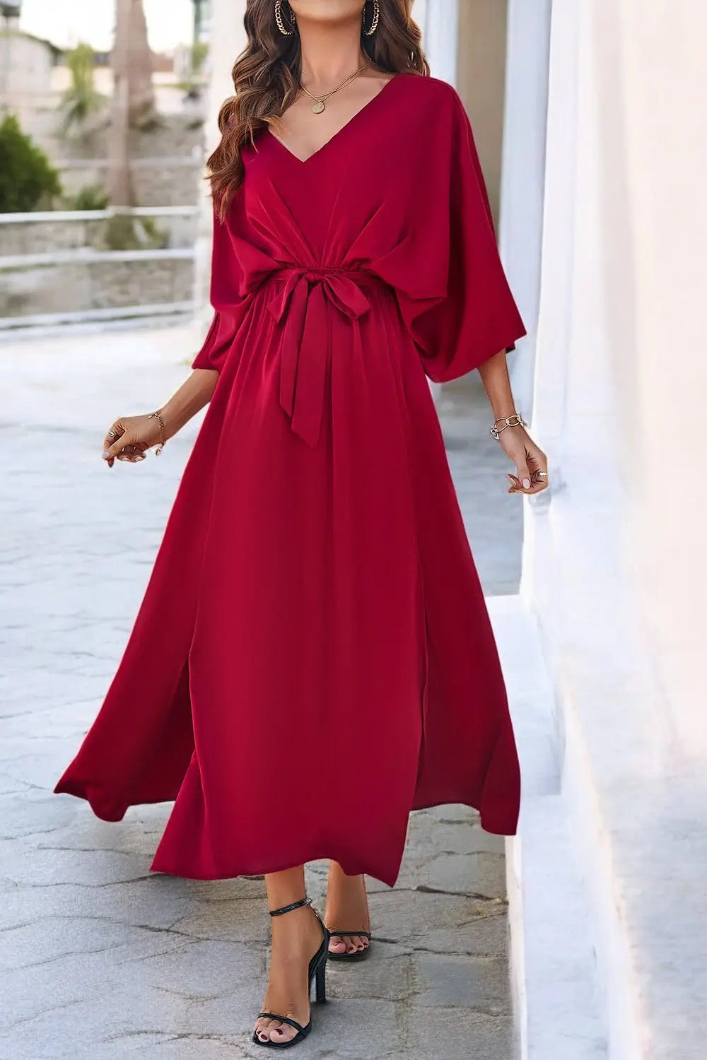 Coastal Charm Slit V-Neck Tied Sleeve Dress for Summer Style - Londonchic