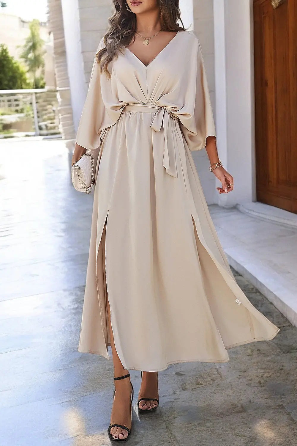 Coastal Charm Slit V-Neck Tied Sleeve Dress for Summer Style - Londonchic