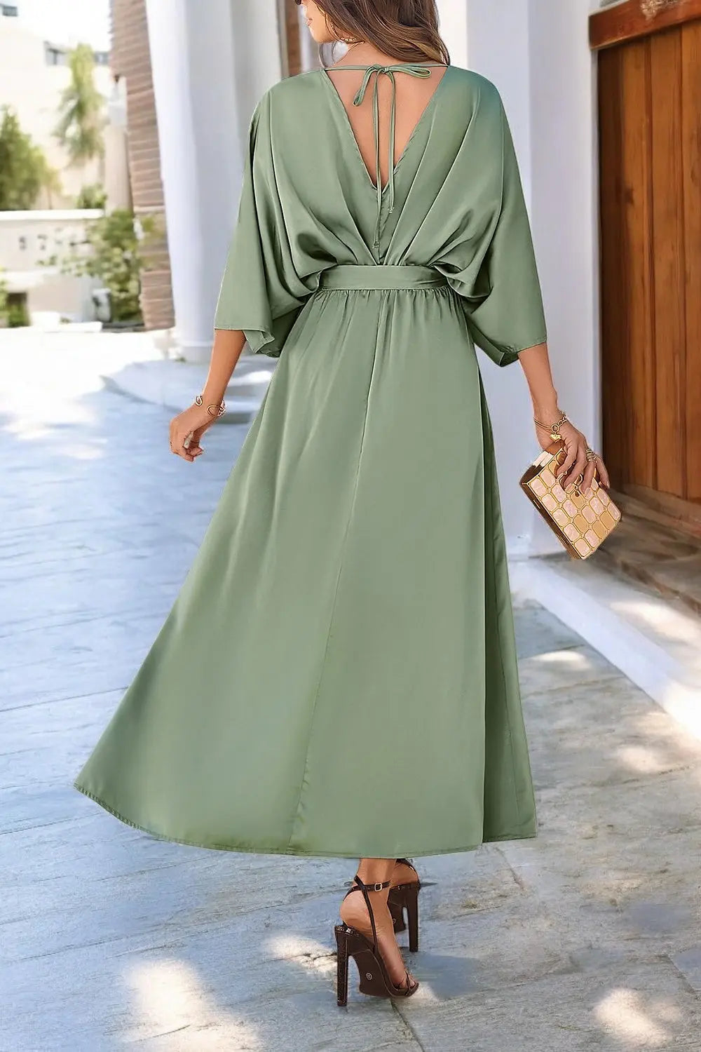 Coastal Charm Slit V-Neck Tied Sleeve Dress for Summer Style - Londonchic