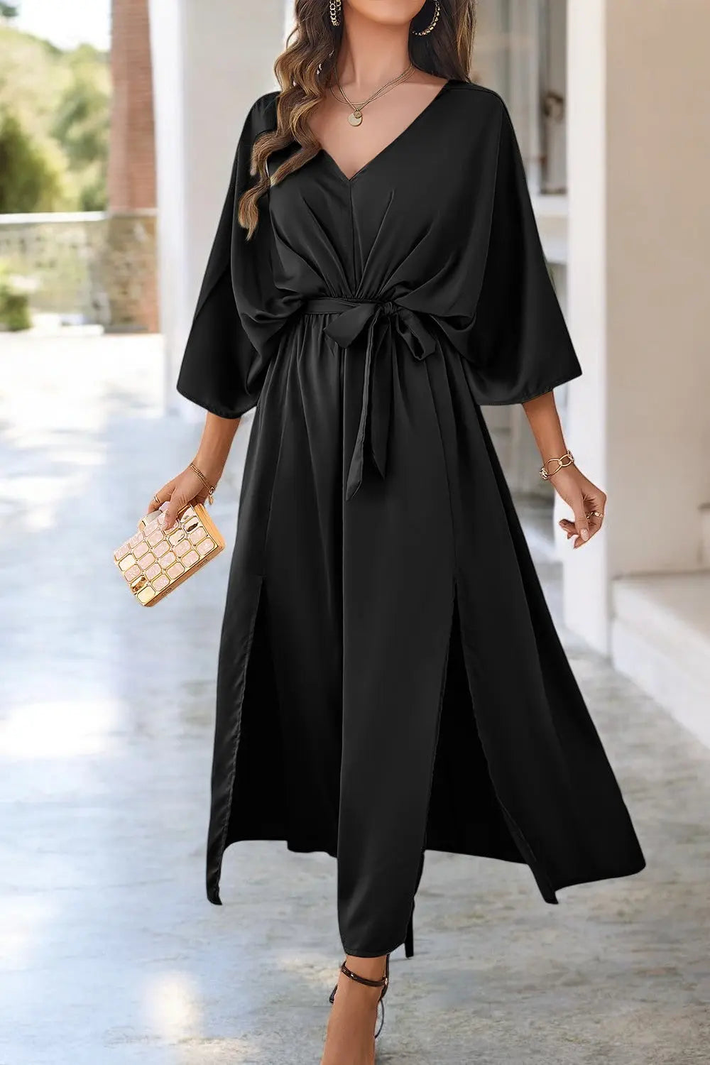 Coastal Charm Slit V-Neck Tied Sleeve Dress for Summer Style - Londonchic