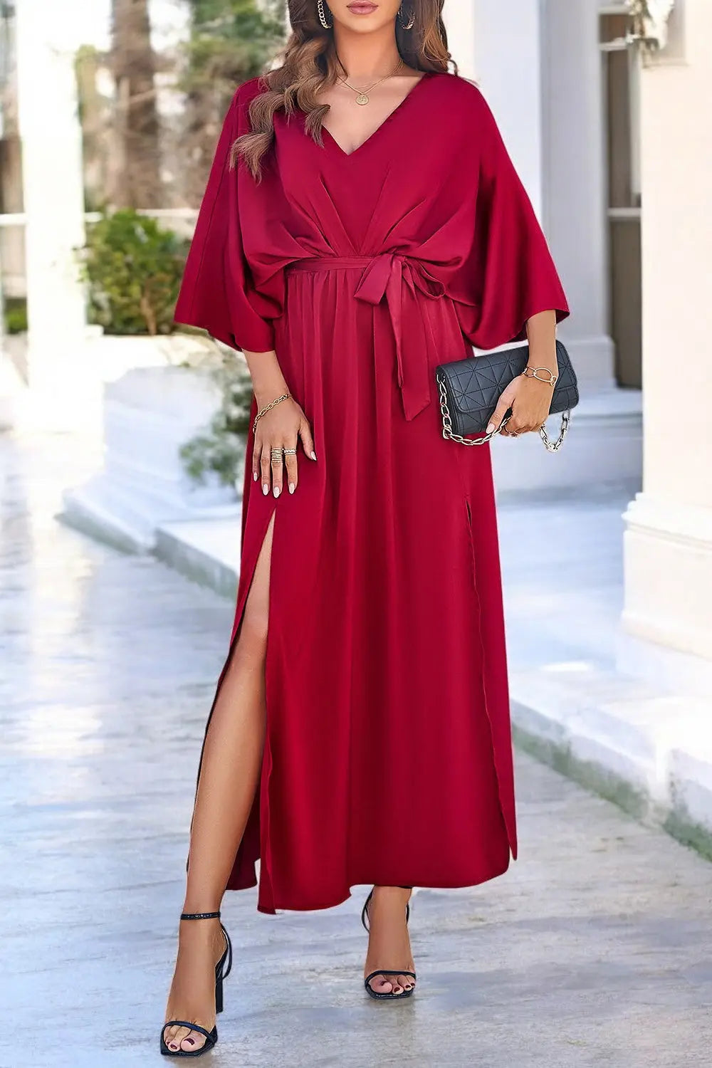 Coastal Charm Slit V-Neck Tied Sleeve Dress for Summer Style - Londonchic
