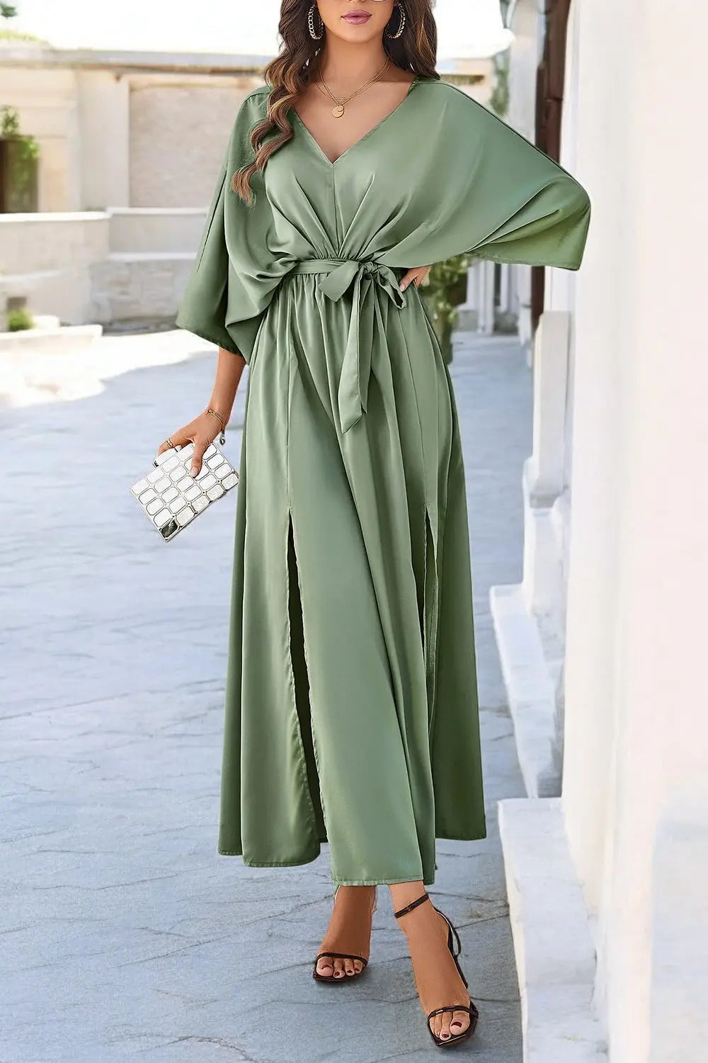 Coastal Charm Slit V-Neck Tied Sleeve Dress for Summer Style - Londonchic