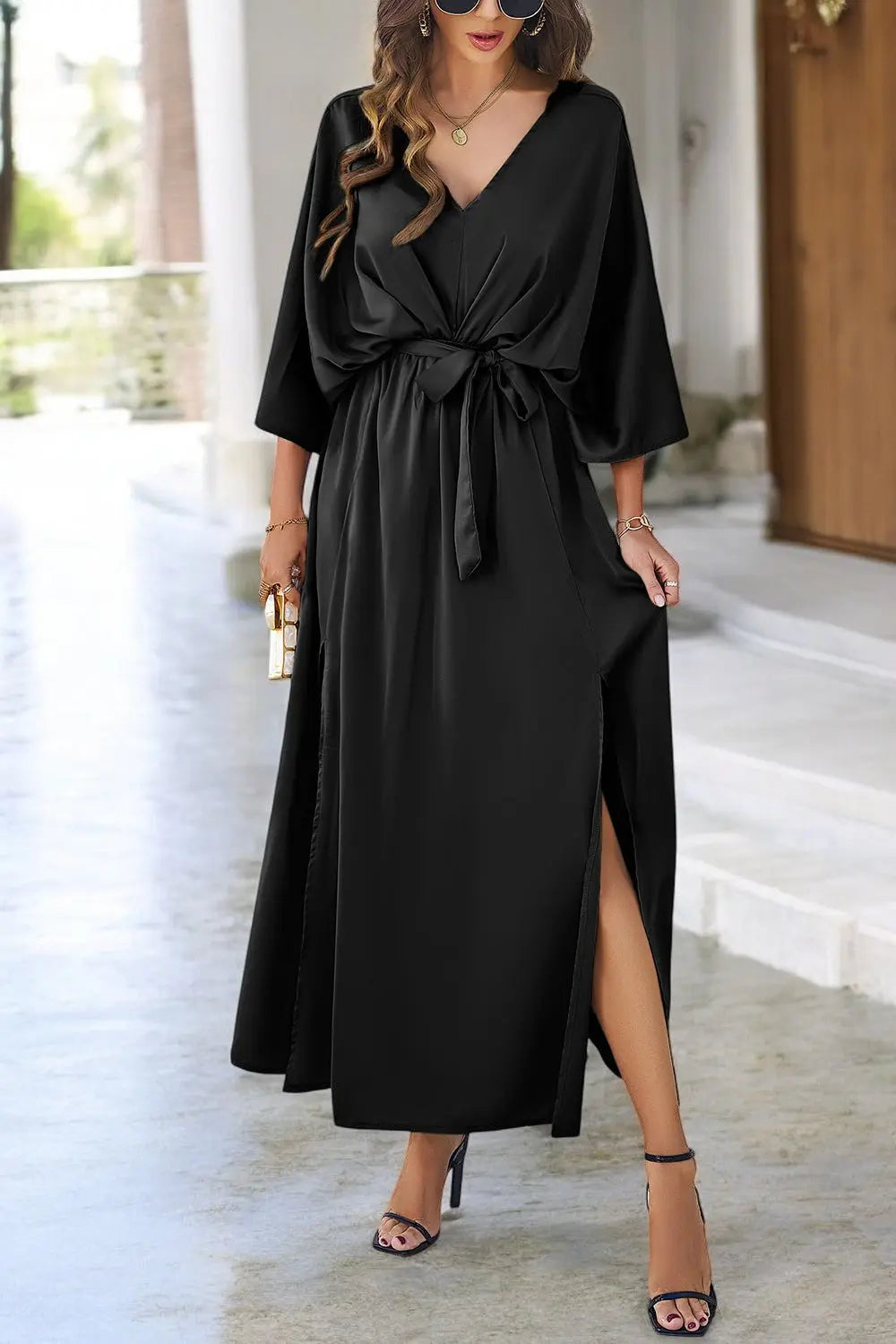 Coastal Charm Slit V-Neck Tied Sleeve Dress for Summer Style - Londonchic