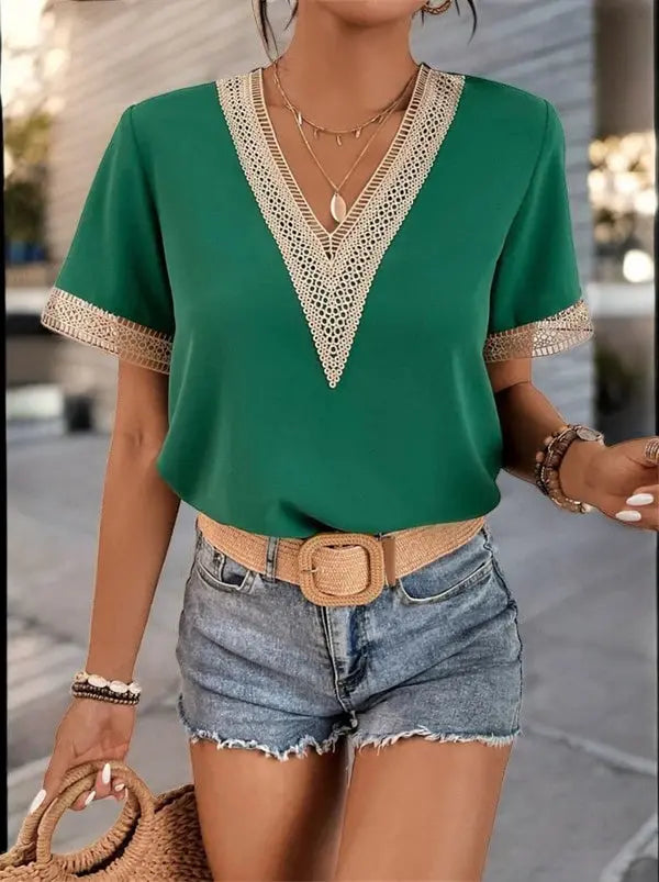 Crochet Trim V-Neck Summer Top for Effortless Style