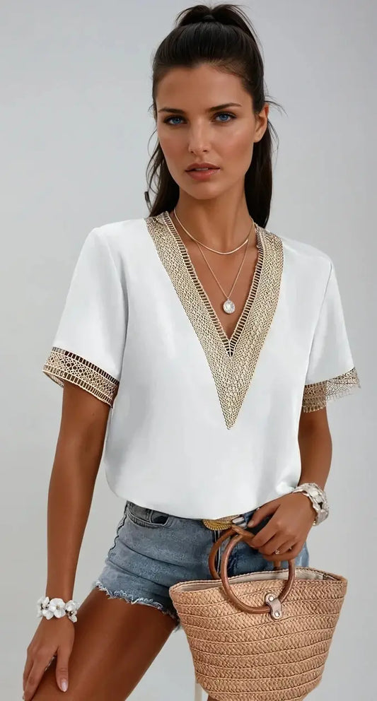 Crochet Trim V-Neck Summer Top for Effortless Style