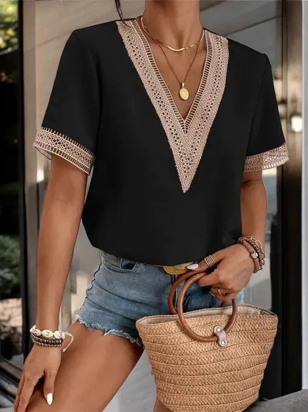 Crochet Trim V-Neck Summer Top for Effortless Style