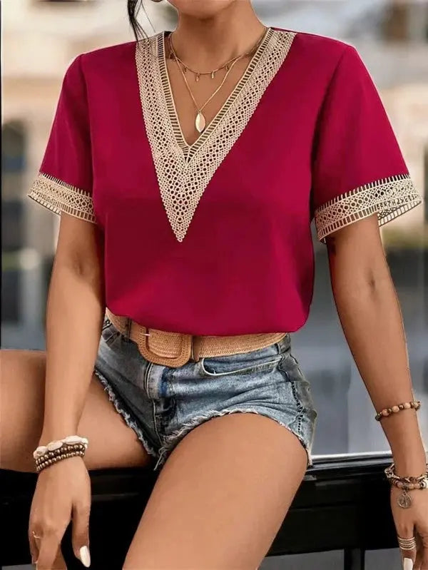 Crochet Trim V-Neck Summer Top for Effortless Style