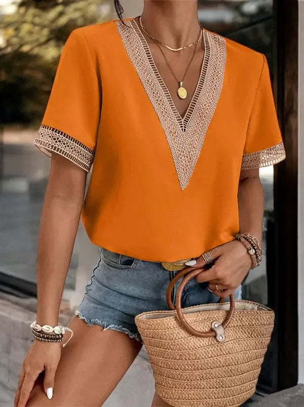 Crochet Trim V-Neck Summer Top for Effortless Style