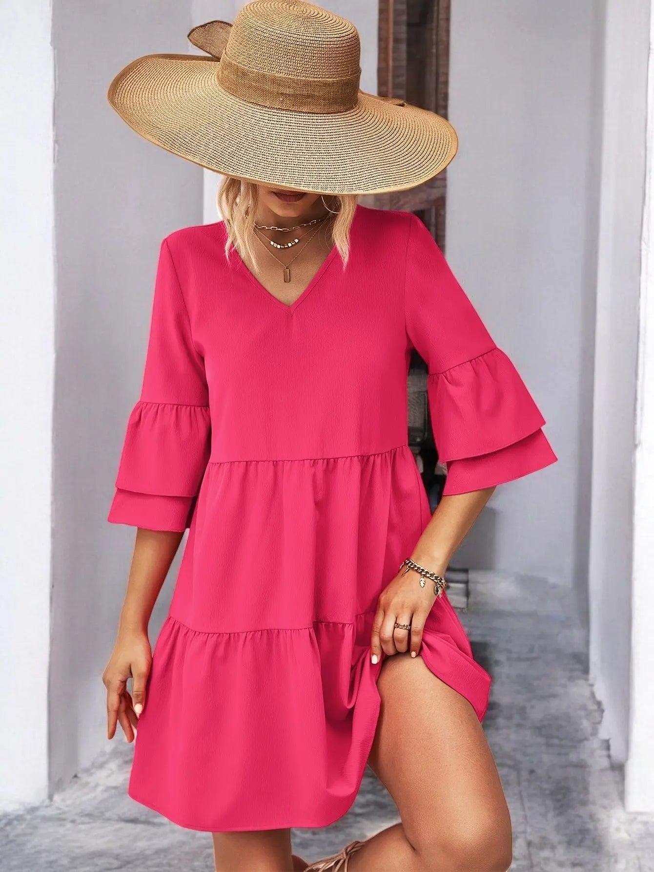 Flirty V-Neck Flare Sleeve Mini Dress for Effortless Style