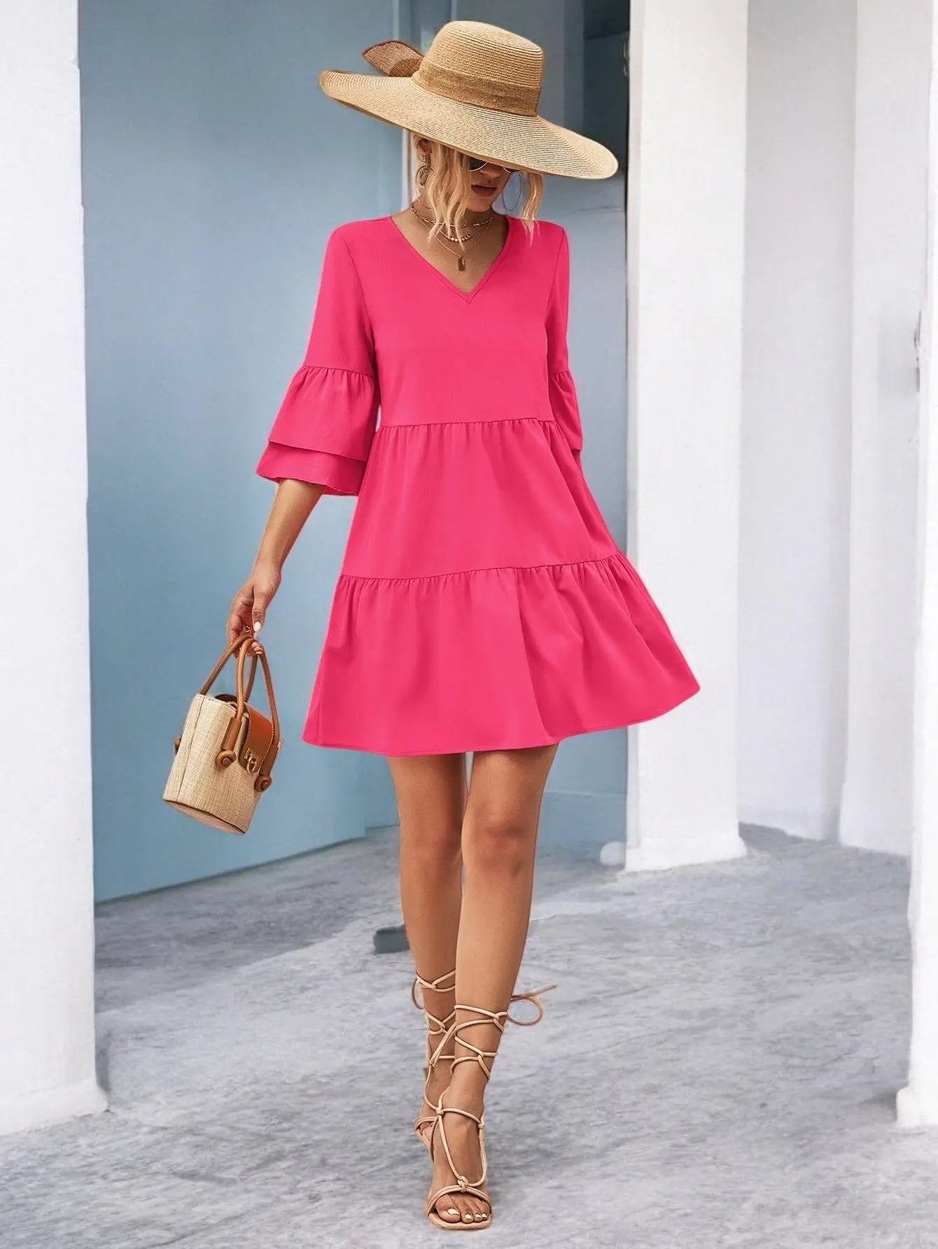 Flirty V-Neck Flare Sleeve Mini Dress for Effortless Style