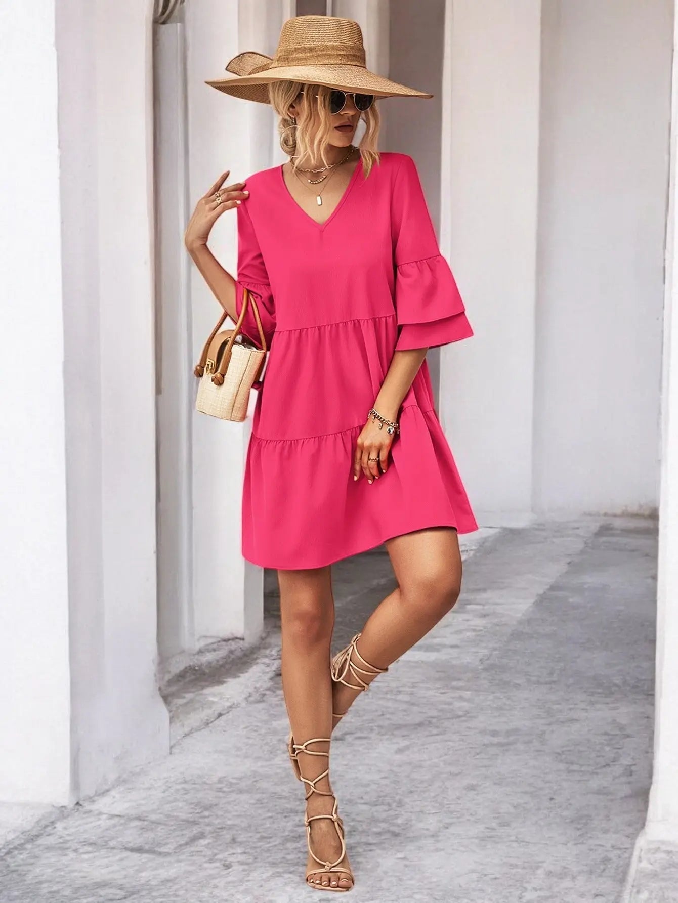 Flirty V-Neck Flare Sleeve Mini Dress for Effortless Style