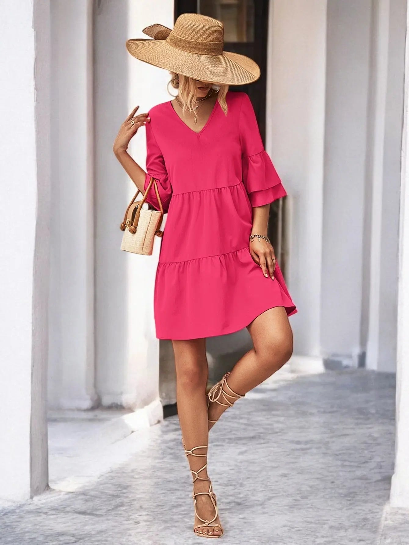 Flirty V-Neck Flare Sleeve Mini Dress for Effortless Style