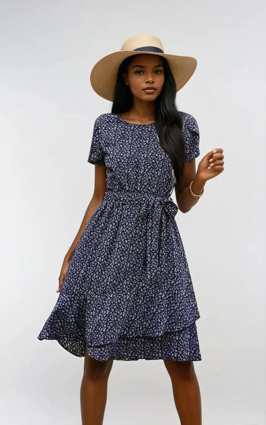 Floral Petal Sleeve Belted Mini Dress for Chic Summer Style