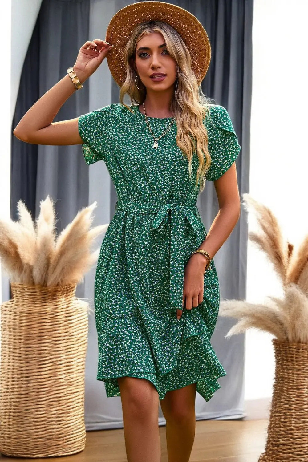 Floral Petal Sleeve Belted Mini Dress for Chic Summer Style