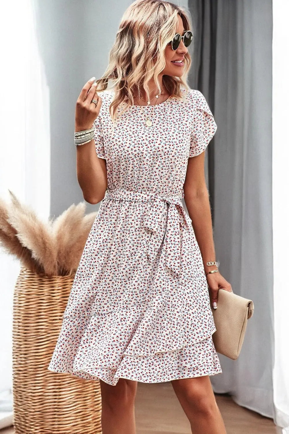 Floral Petal Sleeve Belted Mini Dress for Chic Summer Style