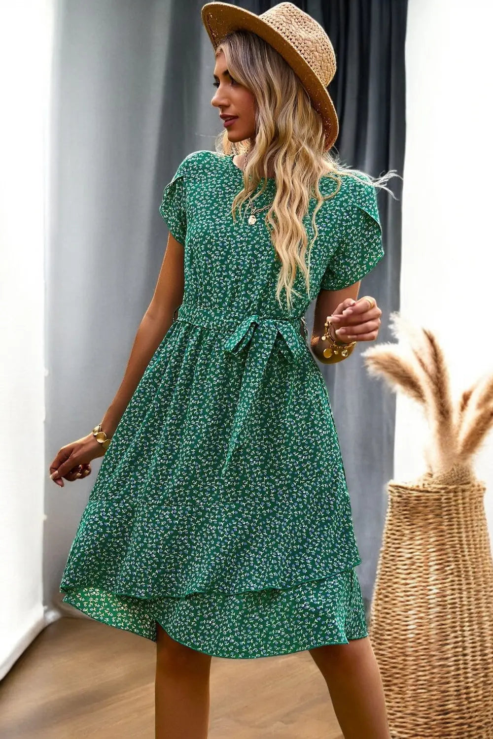 Floral Petal Sleeve Belted Mini Dress for Chic Summer Style