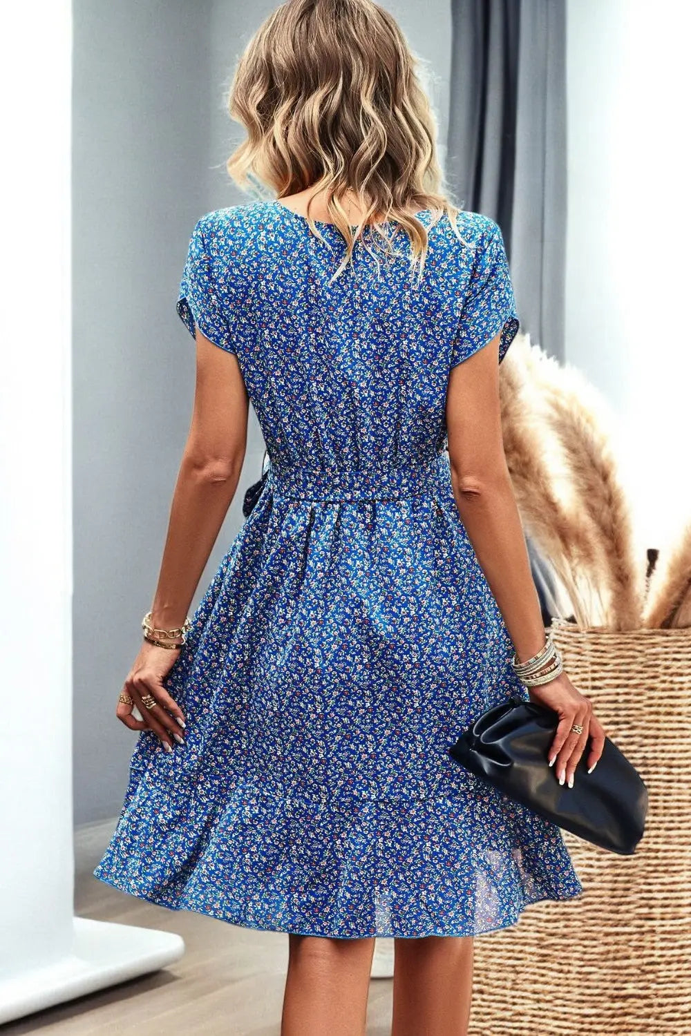 Floral Petal Sleeve Belted Mini Dress for Chic Summer Style