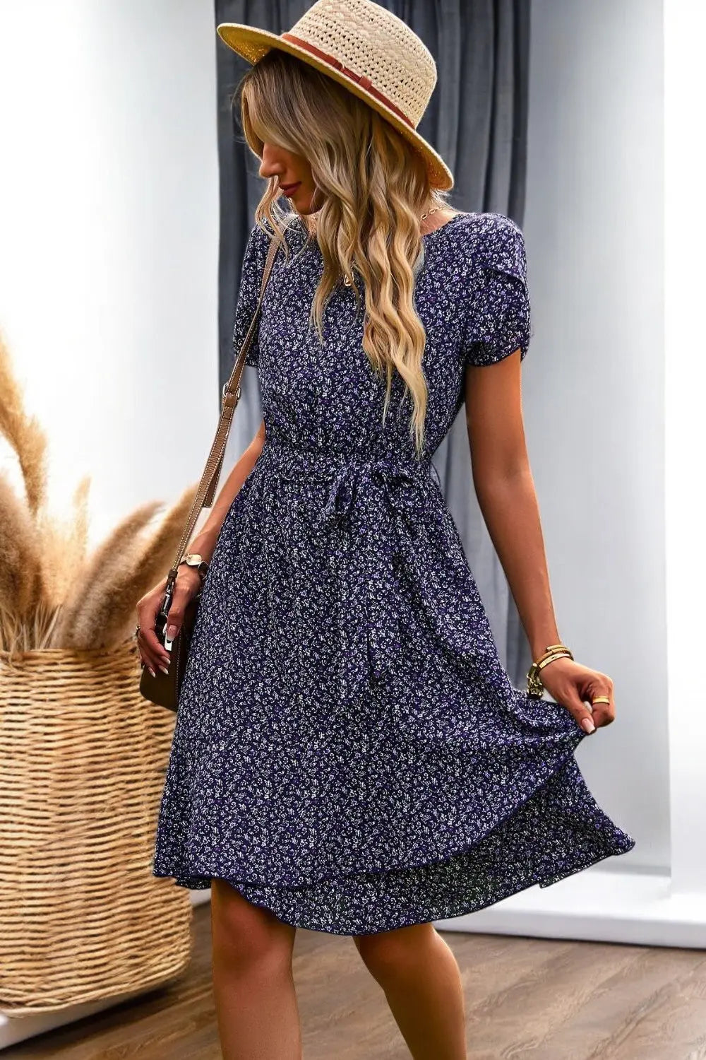 Floral Petal Sleeve Belted Mini Dress for Chic Summer Style