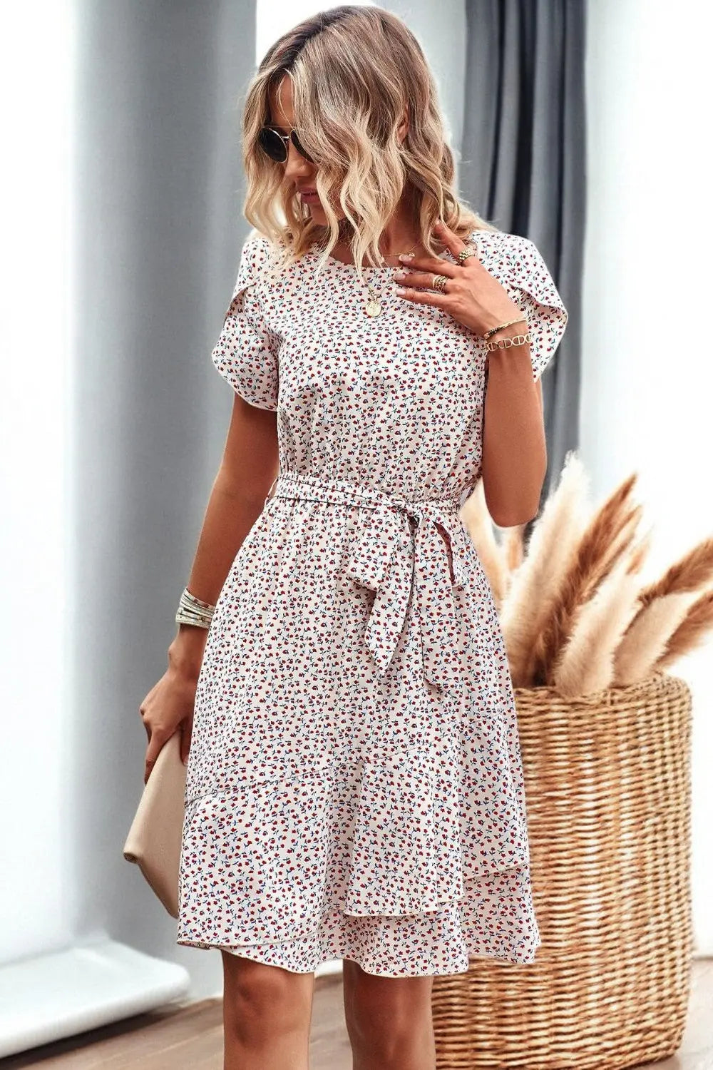 Floral Petal Sleeve Belted Mini Dress for Chic Summer Style
