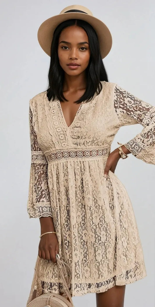 Lace Allure V-Neck Sleeve Dress for Elegant Events - Londonchic