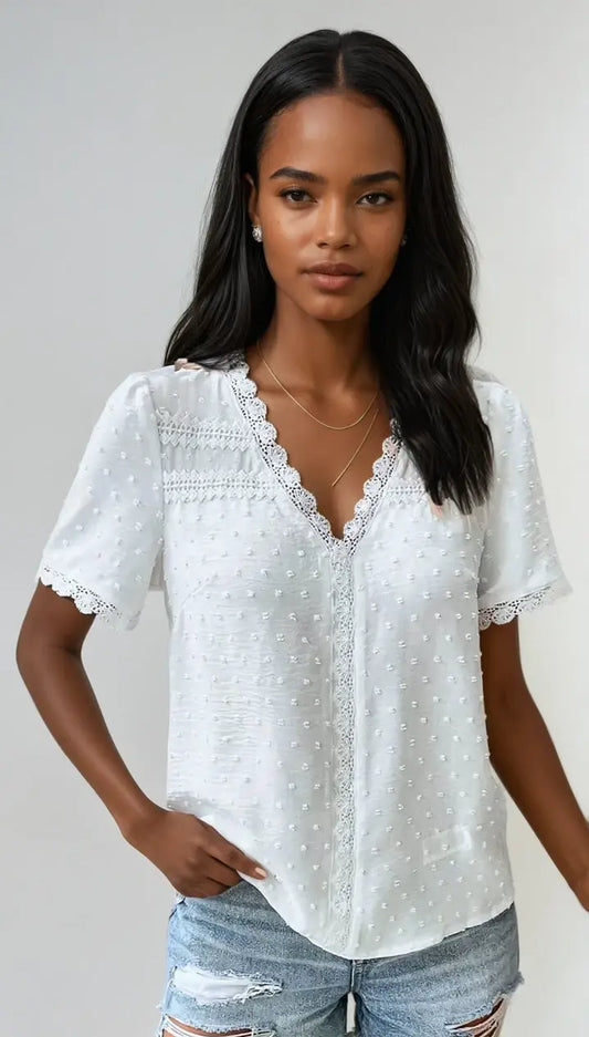 Lace V-Neck Blouse with Short Sleeves for Elegant Style
