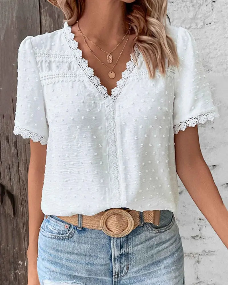 Lace V-Neck Blouse with Short Sleeves for Elegant Style